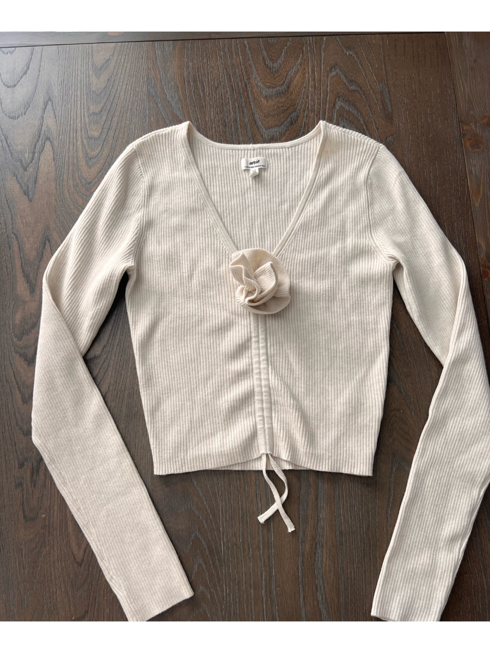 aerie Cream Ribbed V-Neck Top